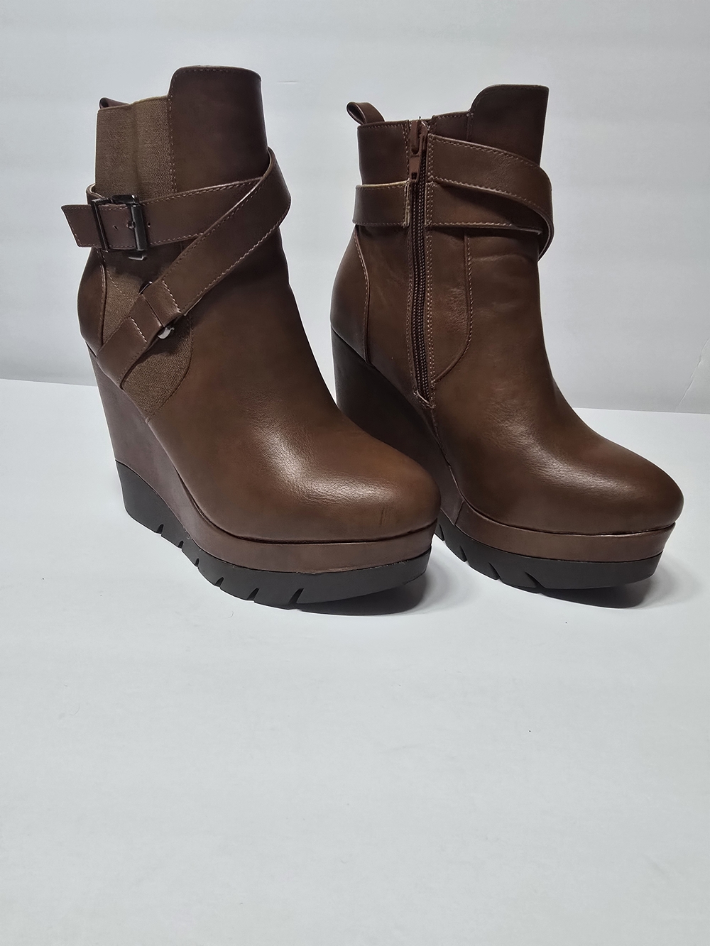 Women's Brown Wedge Ankle Boots with Buckle Straps